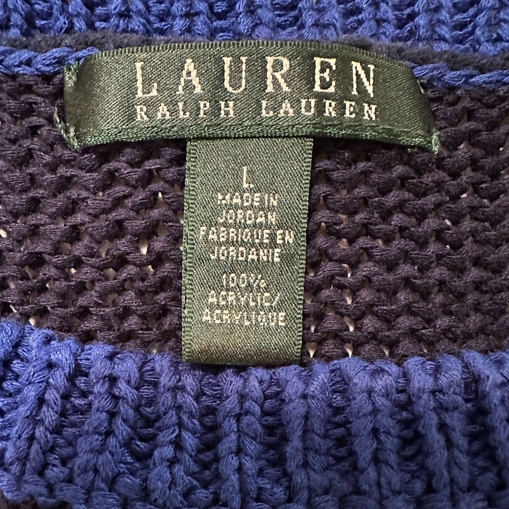 Lauren Ralph Lauren Navy and Royal Blue Stripe Crew Neck Sweater, Size L - Picture 4 of 5
